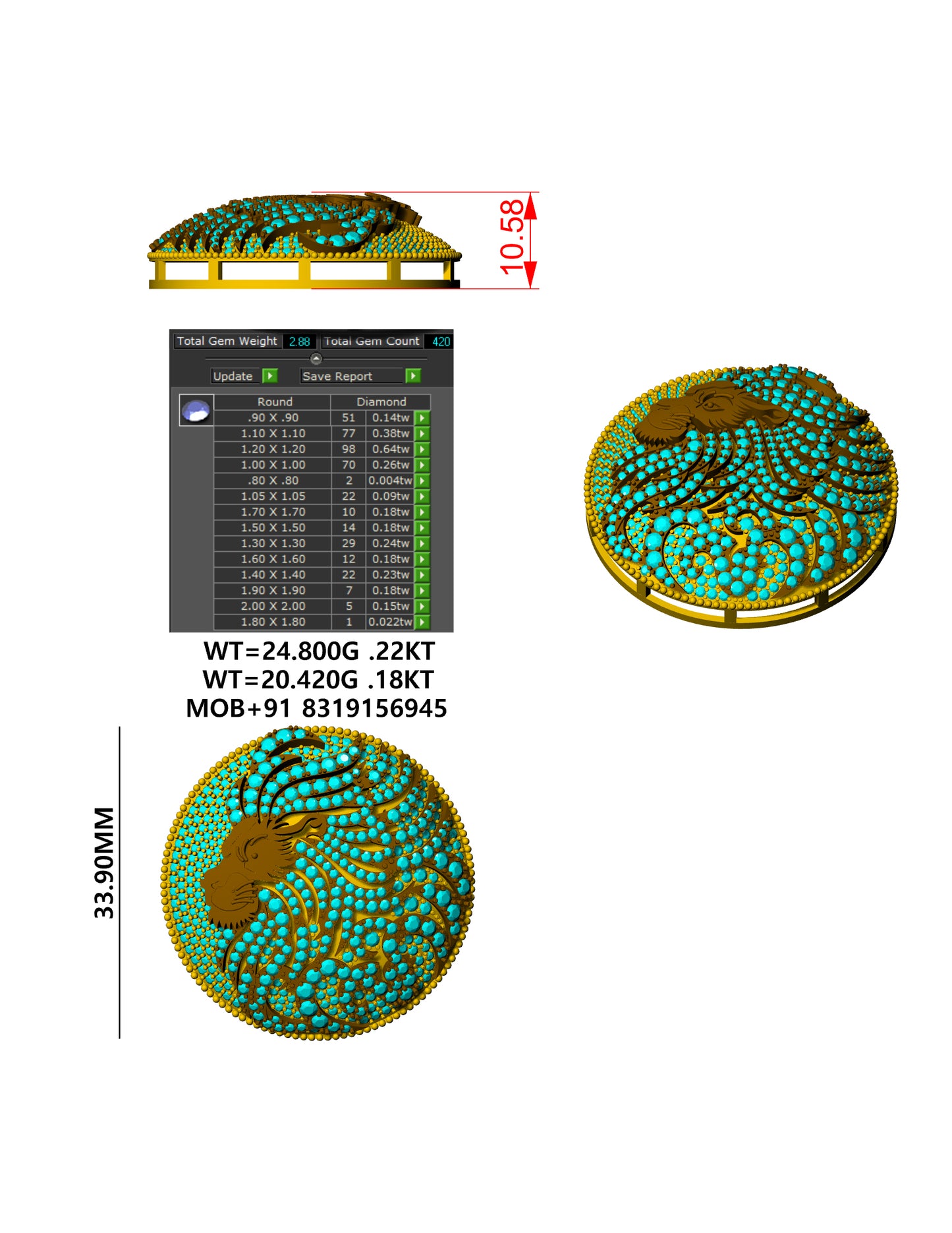 Lion Head Diamond Brooch & Pendant CAD FILE