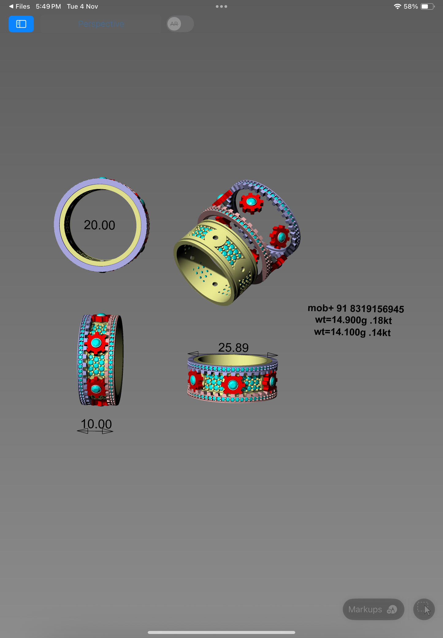 A luxurious floral-inspired CAD ring design featuring intricate multi-row detailing with pavé settings