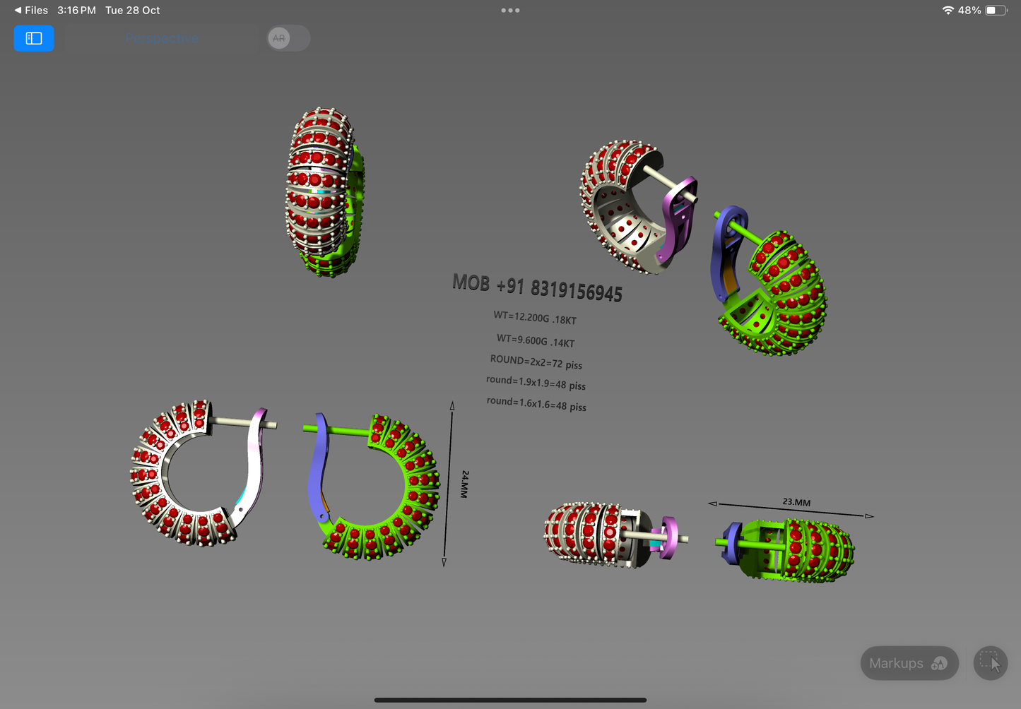 Elegant Ruby Studded Hoop Earrings | 3D CAD Design (Bali Style)