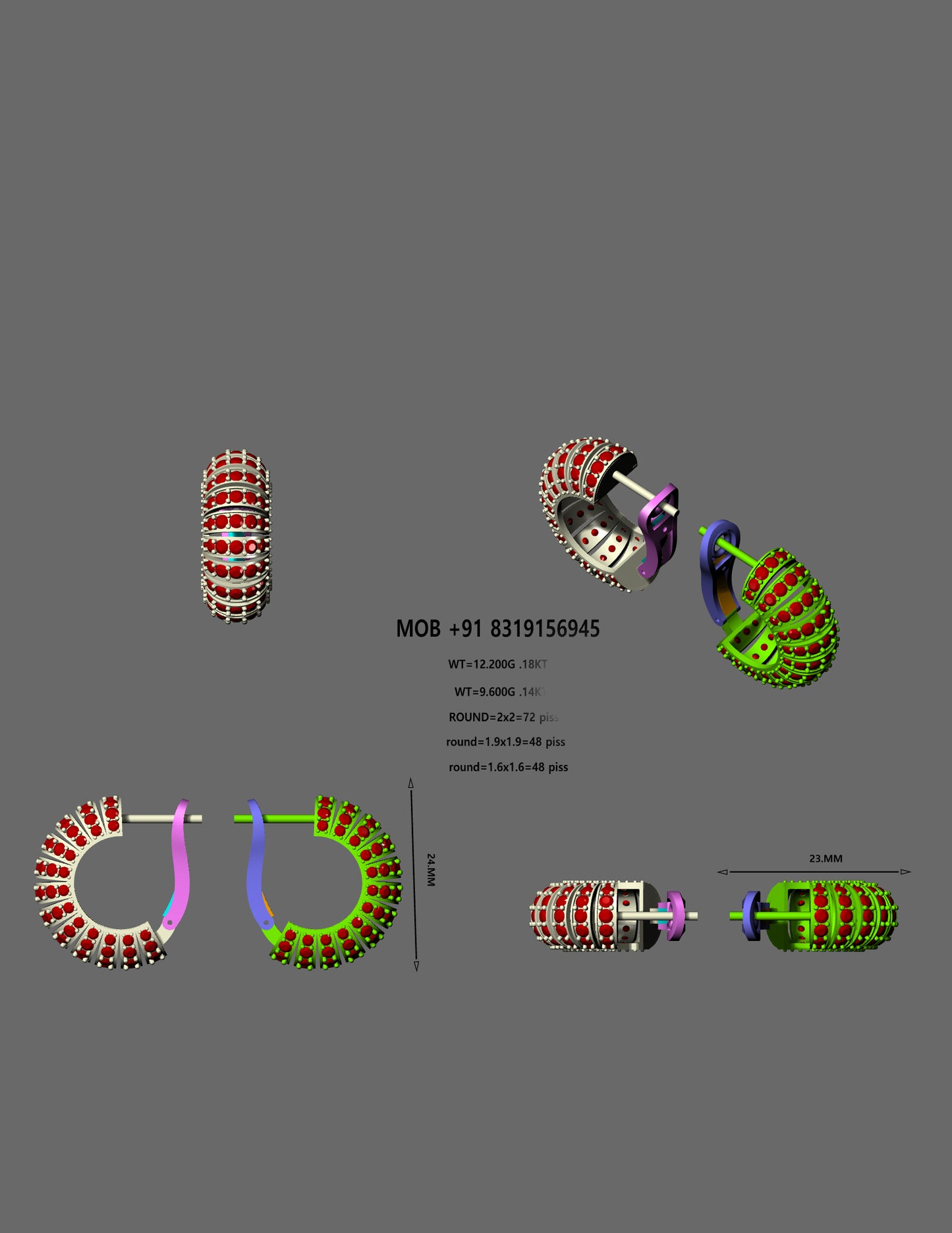 Elegant Ruby Studded Hoop Earrings | 3D CAD Design (Bali Style)