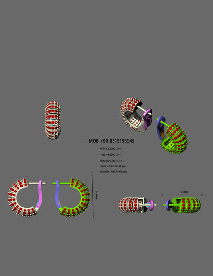 Elegant Ruby Studded Hoop Earrings | 3D CAD Design (Bali Style)