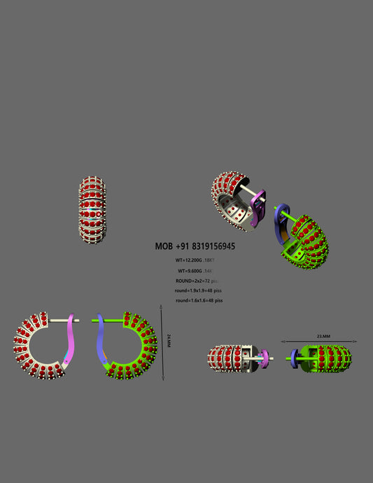 Elegant Ruby Studded Hoop Earrings | 3D CAD Design (Bali Style)