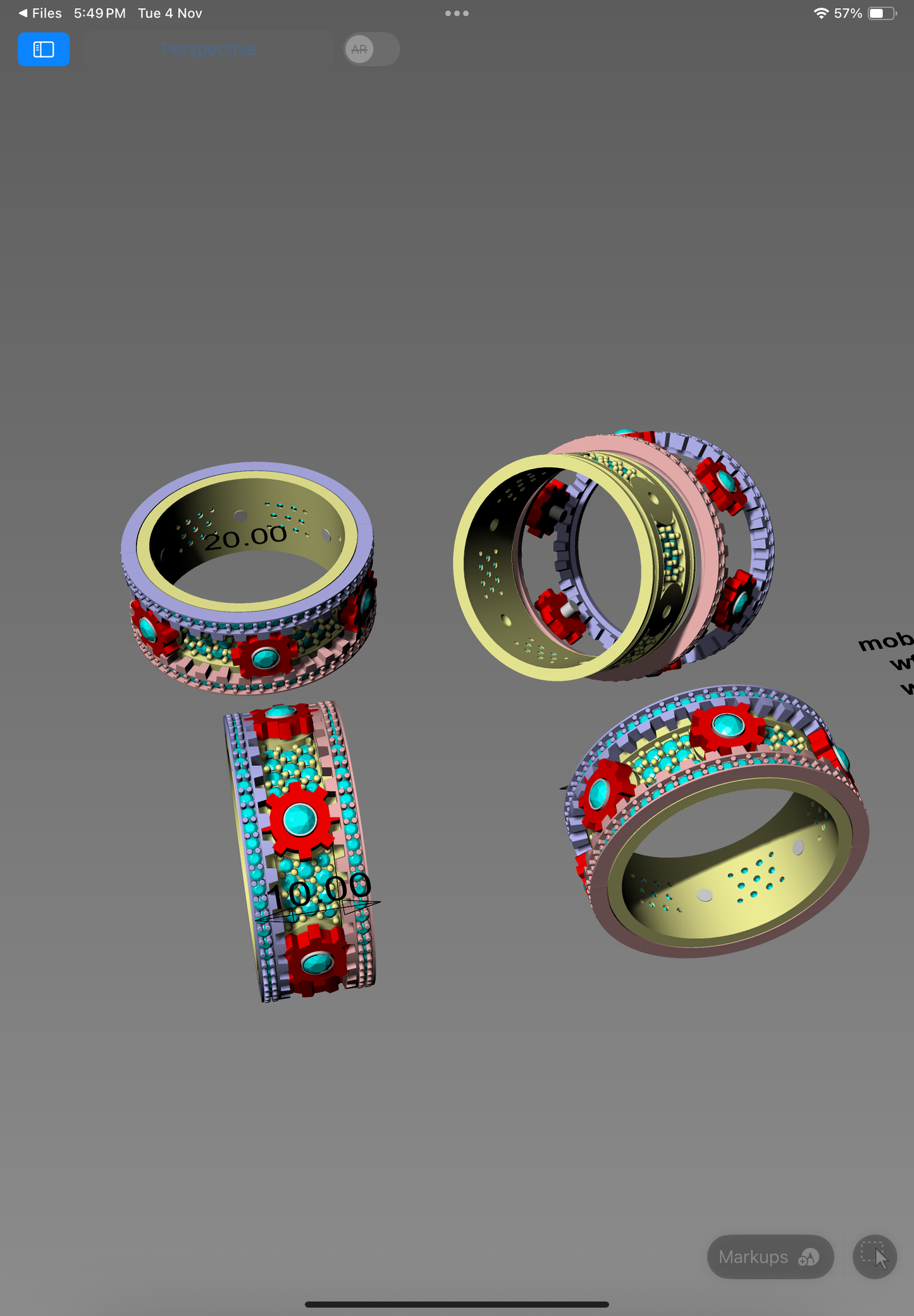 A luxurious floral-inspired CAD ring design featuring intricate multi-row detailing with pavé settings