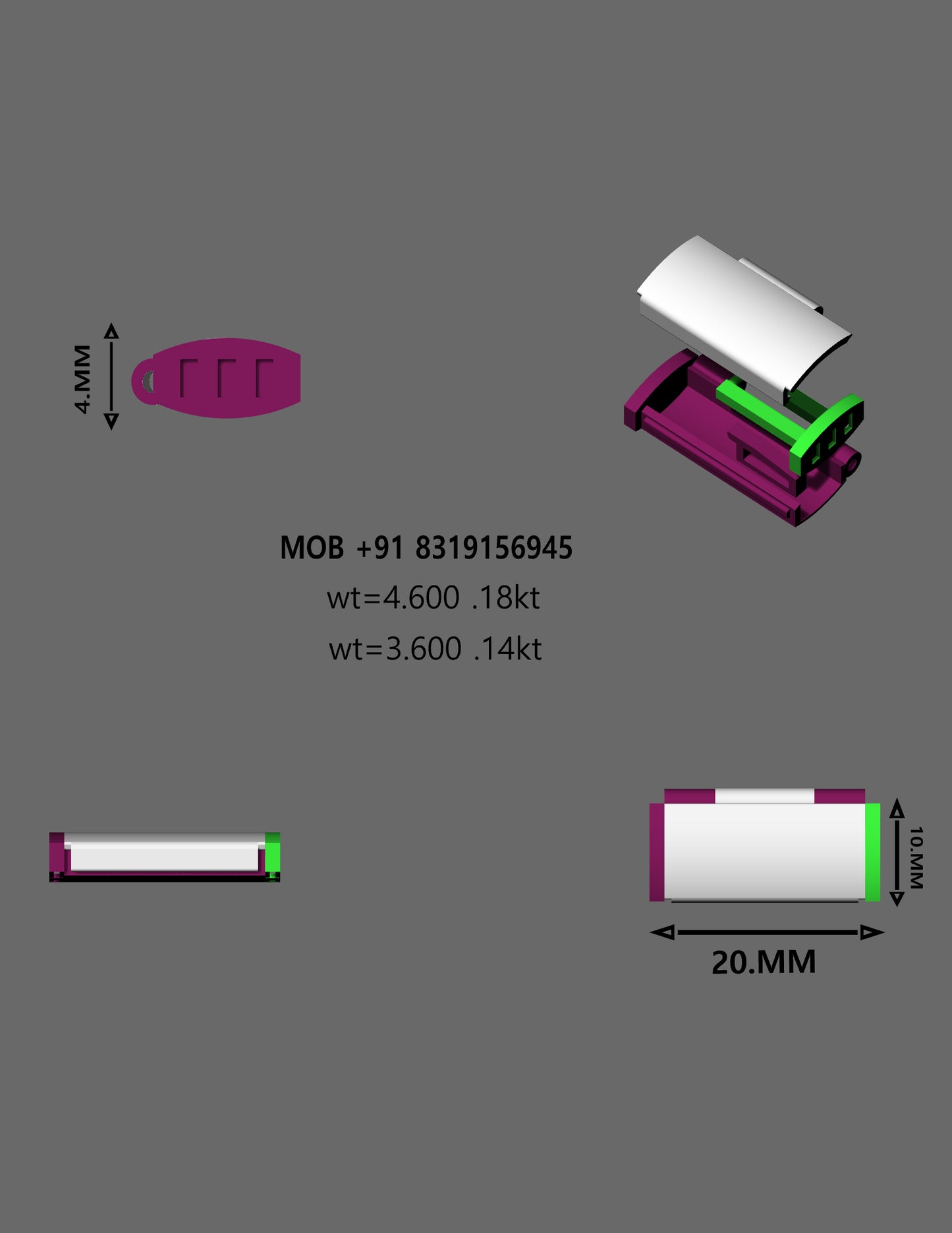 Rectangular Jewelry Clasp CAD Design | 18kt & 14kt Gold Lock Mechanism