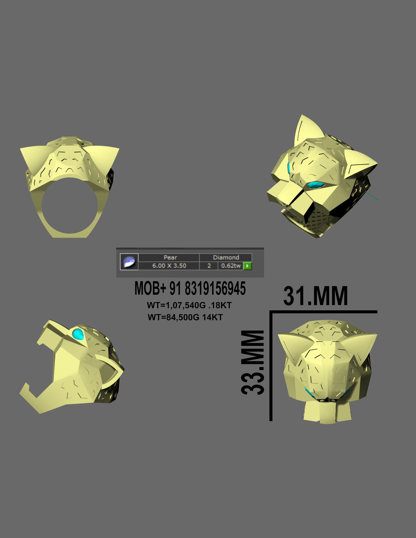 Majestic Panther Head Ring