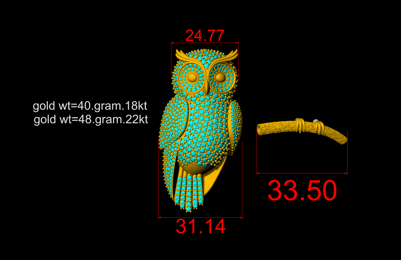 Pave Owl Brooch Gold With Diamond Set  CAD FILE