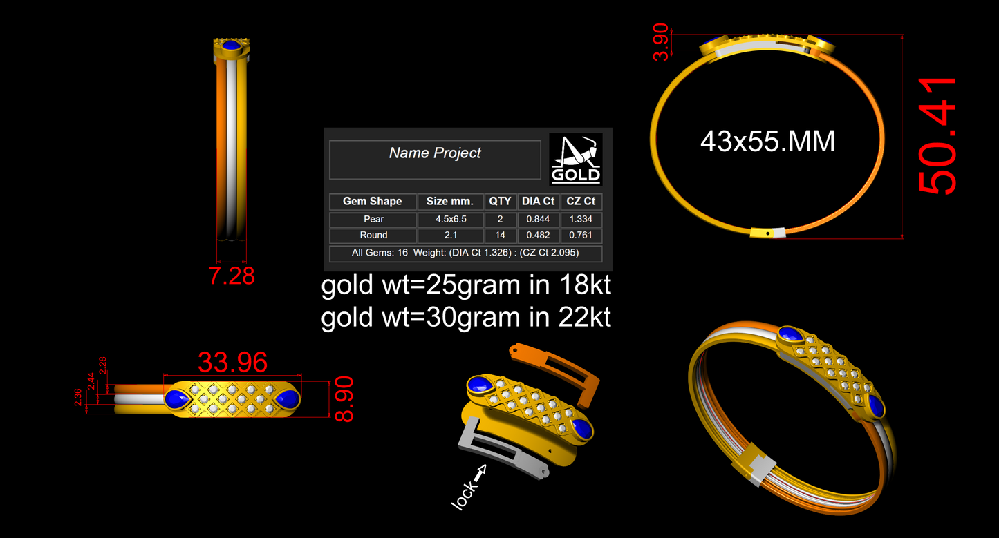THREE WIRE OPENABLE DIAMOND BANGLE cad file
