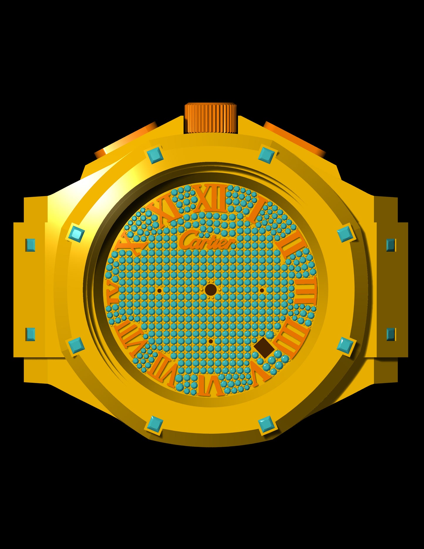 Luxury Cartier-Inspired Watch CAD File – Bold Roman Dial & Gemstone Bezel Design