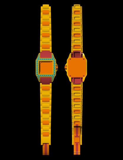 Luxury Square Dial Watch CAD File – Gemstone Bezel & Articulated Strap | 3D Printable Jewelry Design