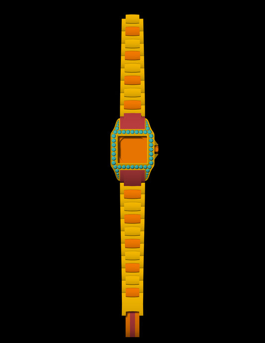 Luxury Square Dial Watch CAD File – Gemstone Bezel & Articulated Strap | 3D Printable Jewelry Design