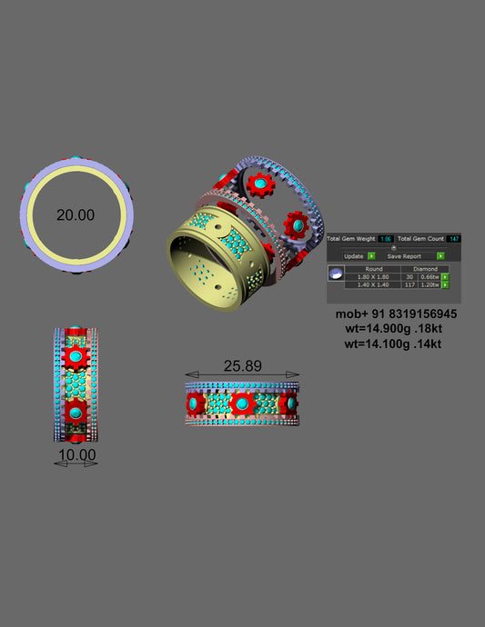 A luxurious floral-inspired CAD ring design featuring intricate multi-row detailing with pavé settings