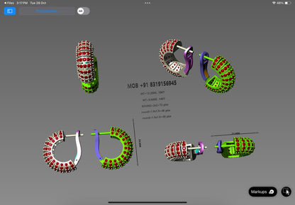 Elegant Ruby Studded Hoop Earrings | 3D CAD Design (Bali Style)